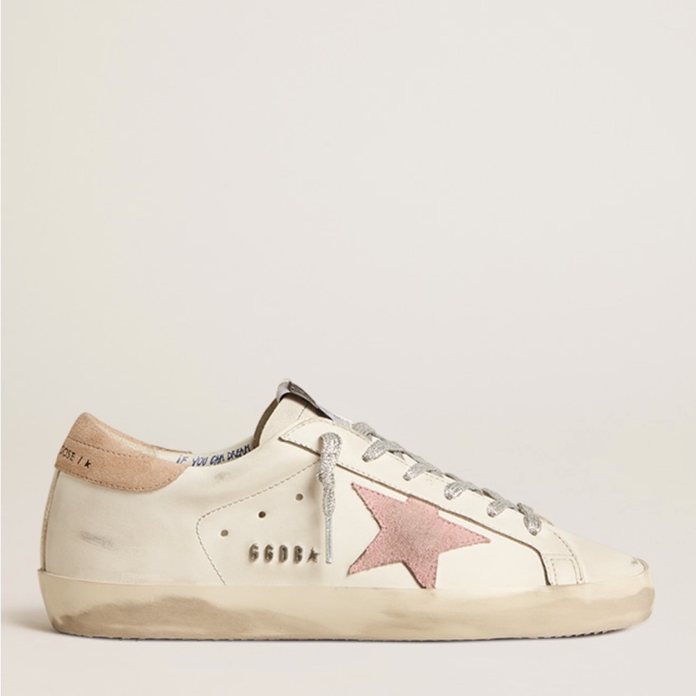 Golden Goose White and Pink Distressed Sneakers